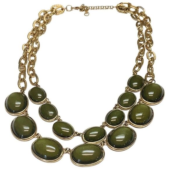 Vintage Olive Green Glass Beaded 2 Tier Chain Gold Tone Statement Necklace 20” - Picture 2 of 8